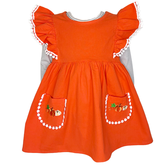 Girls Orange Fall Dress Pockets Long Sleeves Thanksgiving Party Dress