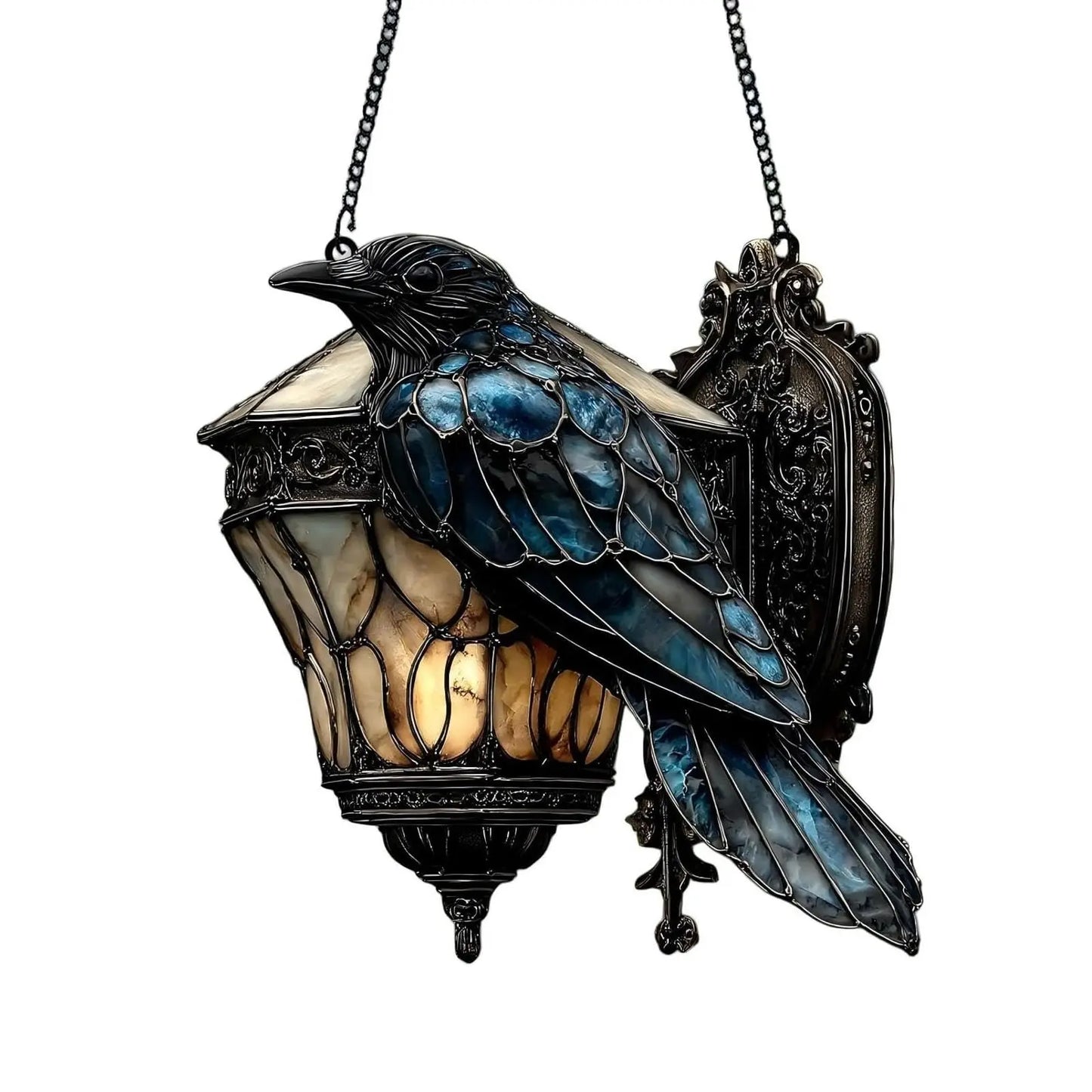 🖤 Halloween Crow Decor – Gothic Raven on Lantern Sun Catcher | Faux Stained Glass Prismatic Window Hanging