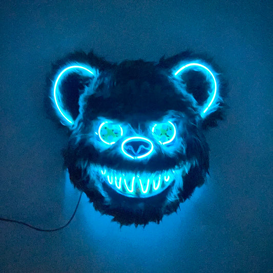 LED Cosplay Glowing Bloody Bear Mask Halloween Horror Plush Rabbit Mask Bloody Bear Mask Decorative Festival Mask Neon Headgear