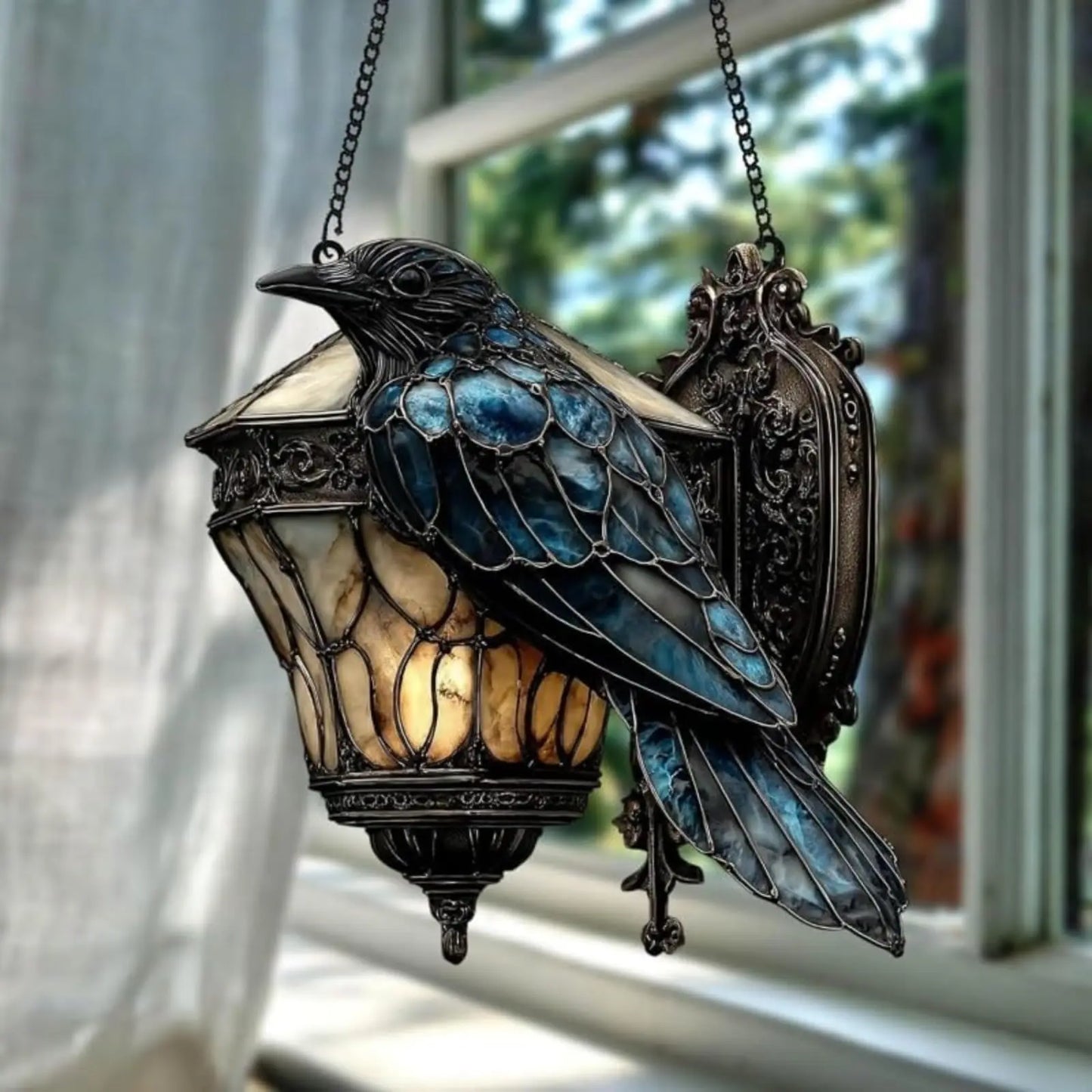 🖤 Halloween Crow Decor – Gothic Raven on Lantern Sun Catcher | Faux Stained Glass Prismatic Window Hanging