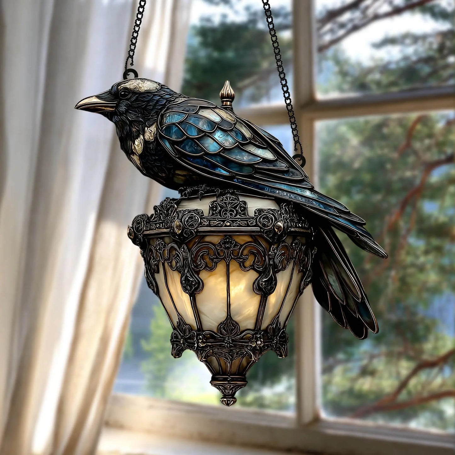 Halloween Crow Decor Decorative Gothic Raven Decor Raven On Lantern Sun Catcher Prismatic Faux Stained Glass Window Hanging