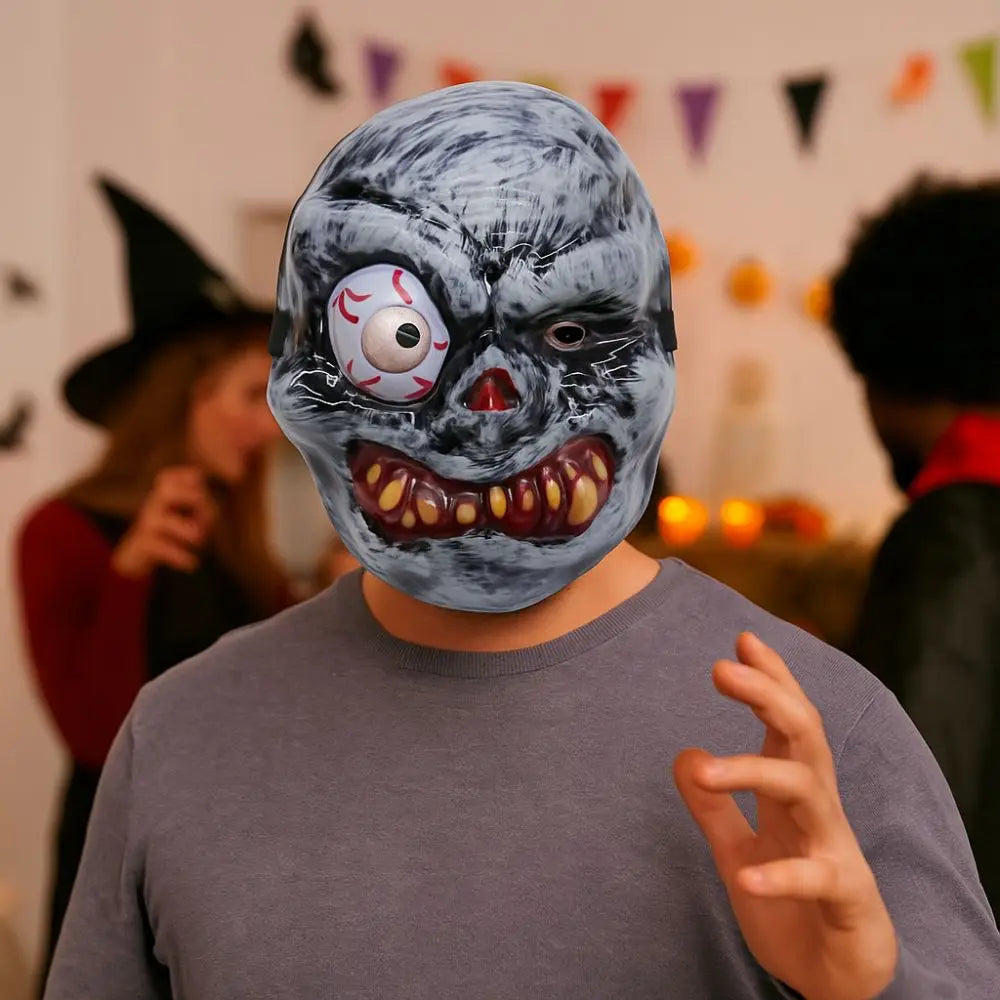 Full Face Halloween Ghost Mask One Eyed PVC Ghost Headwear Breathable Scary Props Scary Ghost Head Cover Halloween Celebration