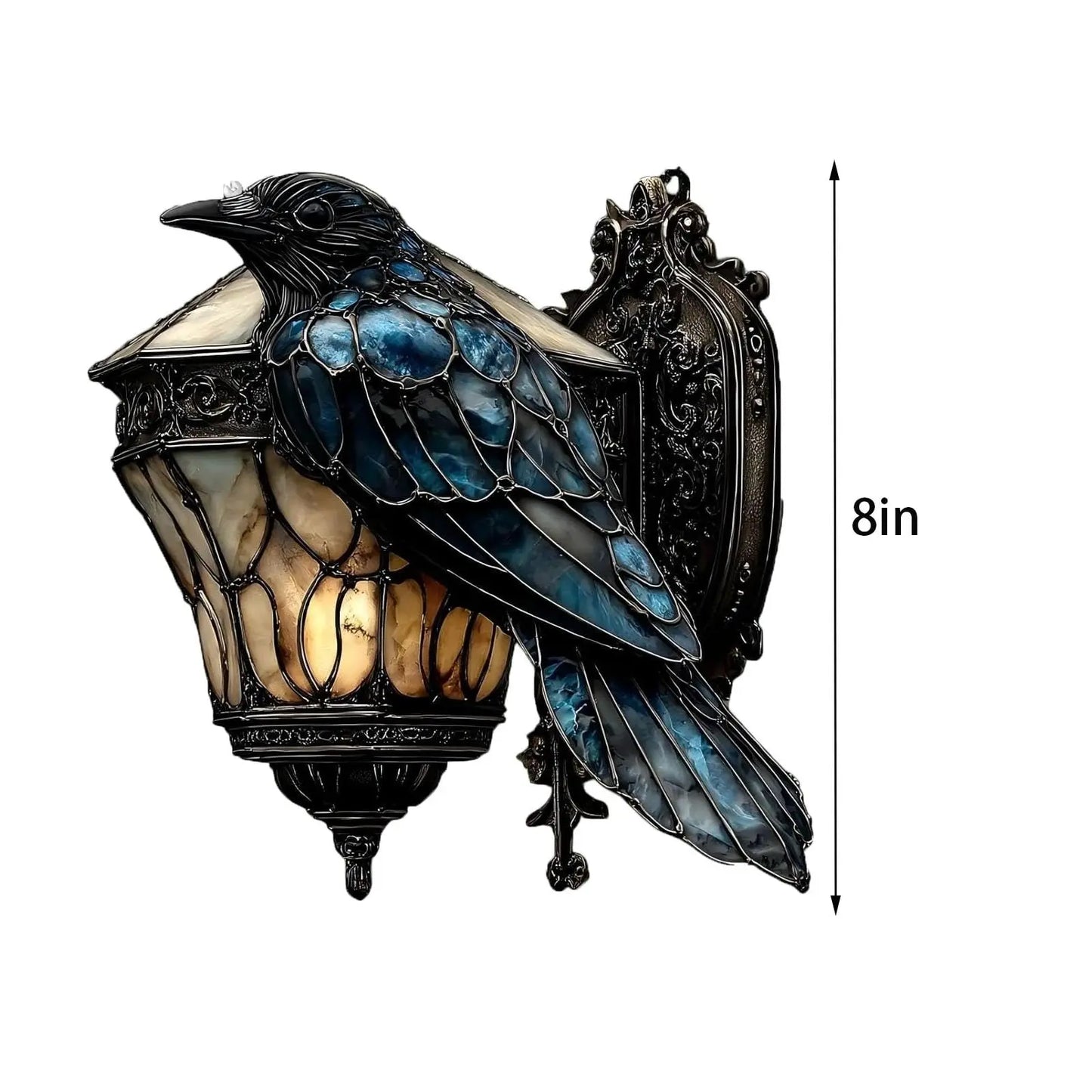 🖤 Halloween Crow Decor – Gothic Raven on Lantern Sun Catcher | Faux Stained Glass Prismatic Window Hanging