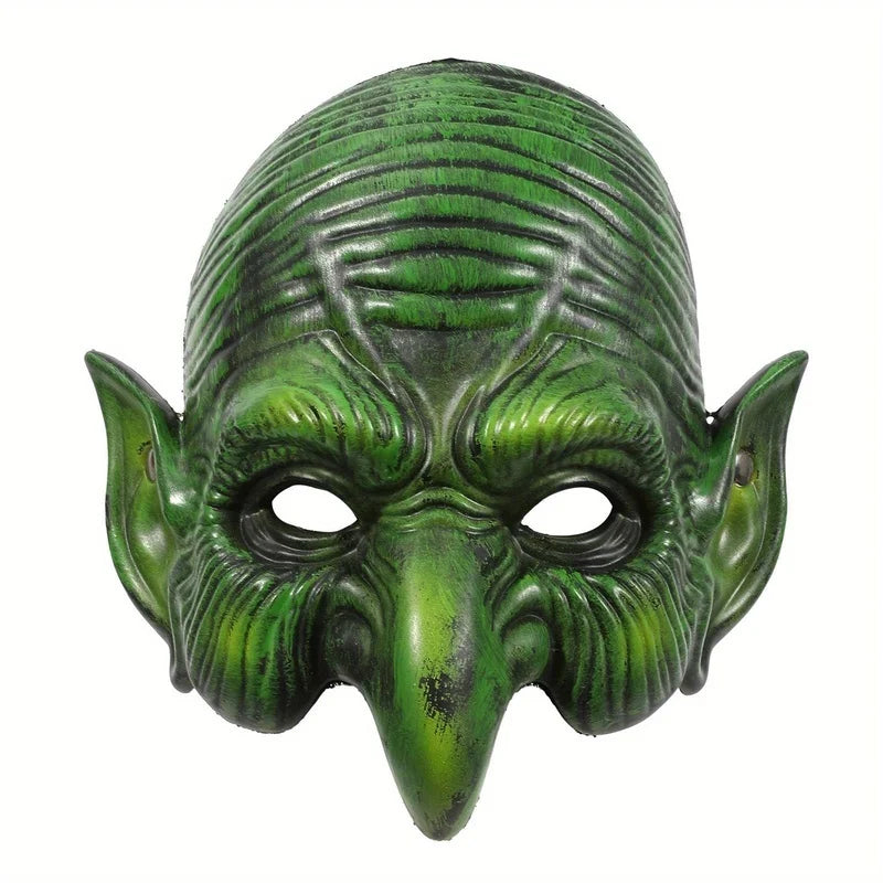 Men's Horror Green Goblin/Halloween Witch Half Face Mask with Pointed Ears and Sharp Teeth - Fashionable and Spooky Costume