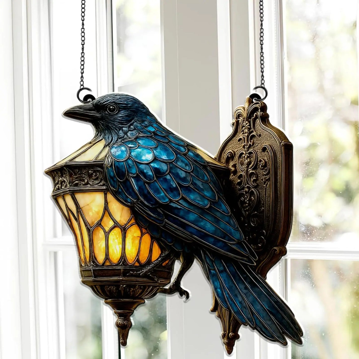 Halloween Crow Decor Decorative Gothic Raven Decor Raven On Lantern Sun Catcher Prismatic Faux Stained Glass Window Hanging