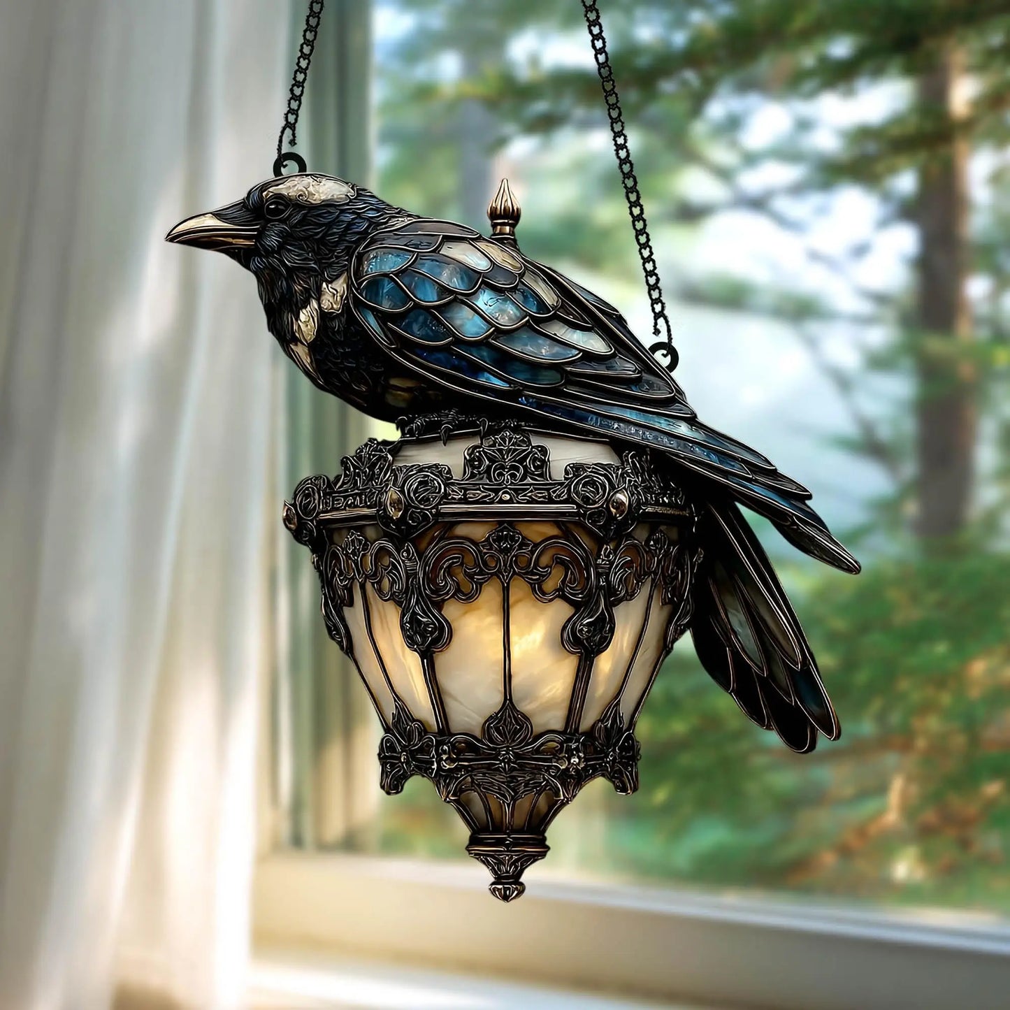 🖤 Halloween Crow Decor – Gothic Raven on Lantern Sun Catcher | Faux Stained Glass Prismatic Window Hanging