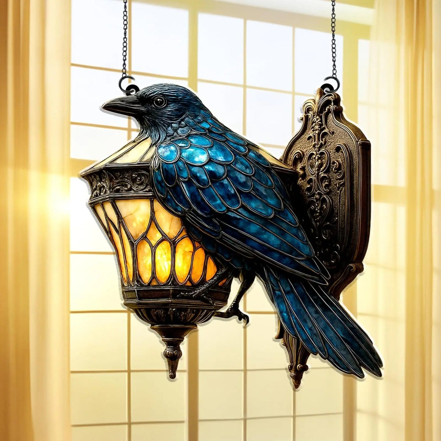 Halloween Crow Decor Decorative Gothic Raven Decor Raven On Lantern Sun Catcher Prismatic Faux Stained Glass Window Hanging