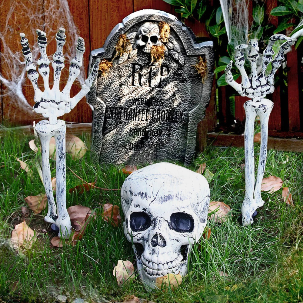 Buried Alive Skeleton Halloween Decoration Set – Creepy Skull & Hands Lawn Prop for Garden, Yard, Party & Haunted House Decor