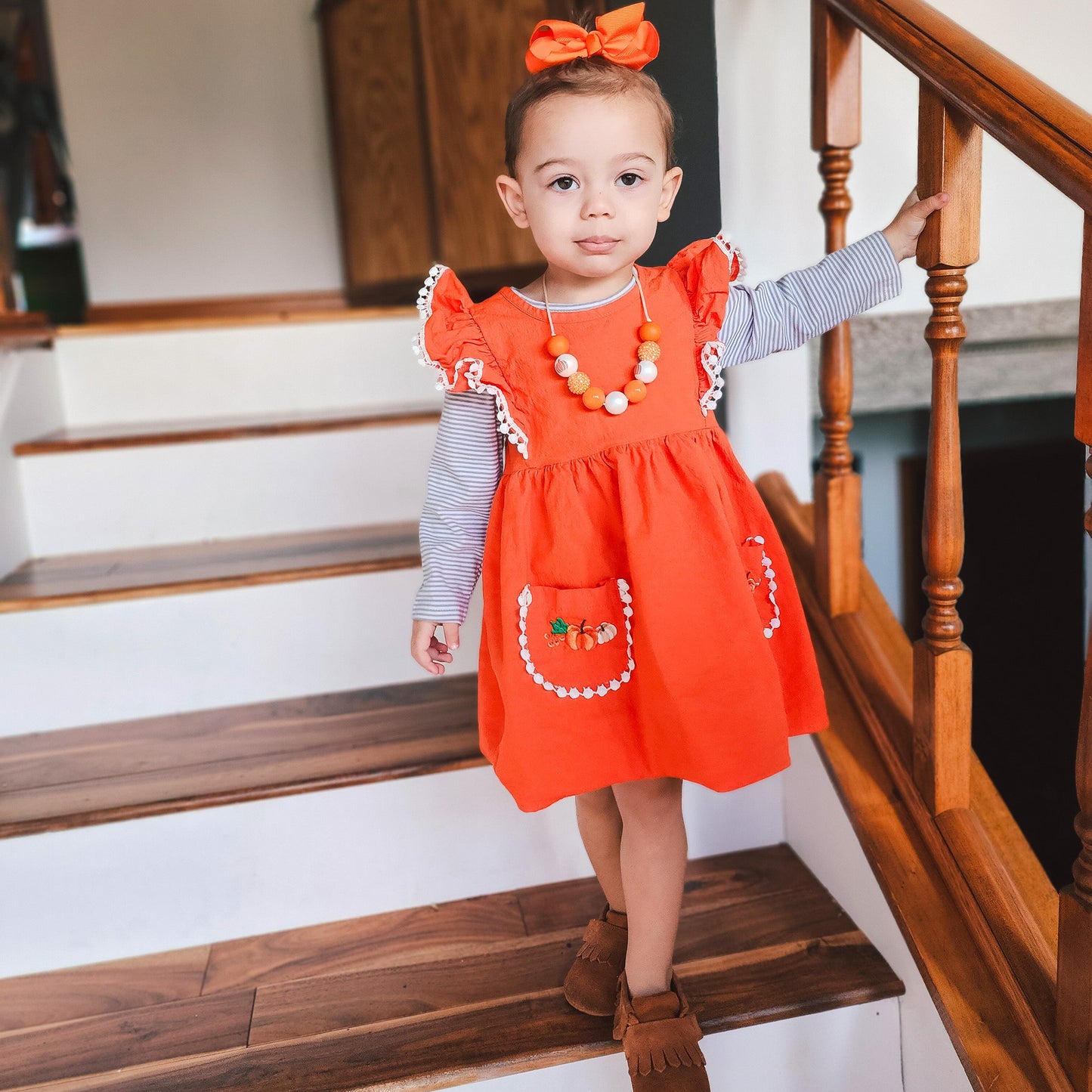 Girls Orange Fall Dress Pockets Long Sleeves Thanksgiving Party Dress