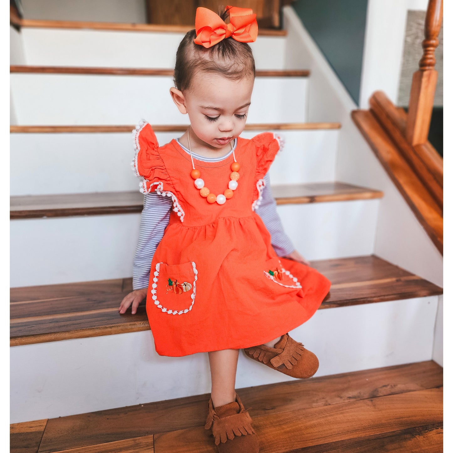 Girls Orange Fall Dress Pockets Long Sleeves Thanksgiving Party Dress