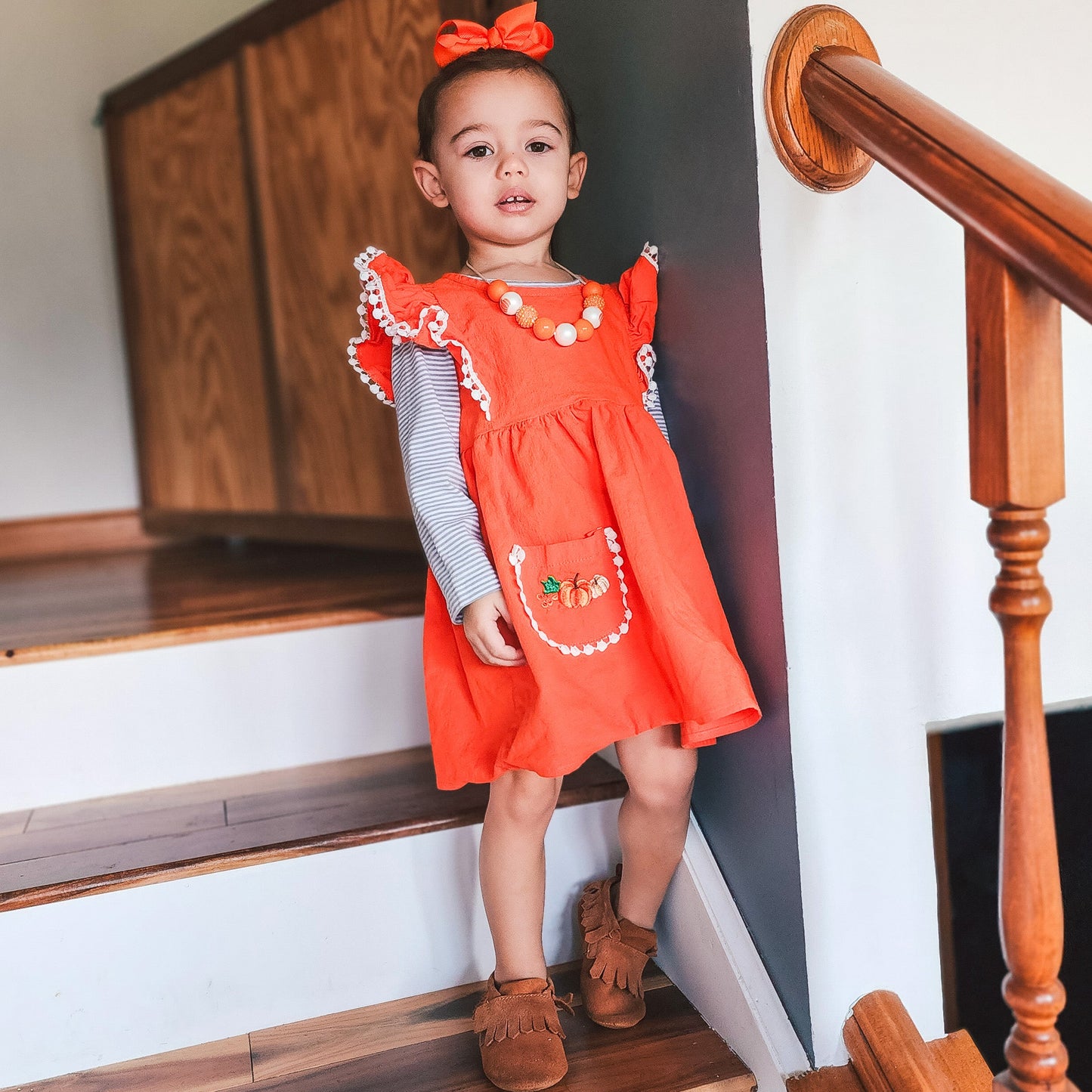 Girls Orange Fall Dress Pockets Long Sleeves Thanksgiving Party Dress