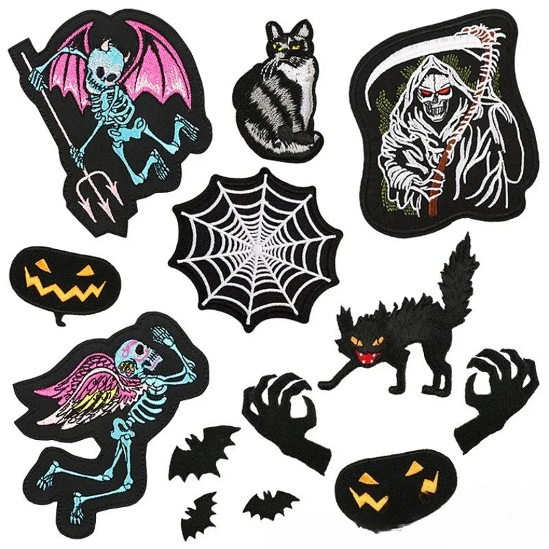 Computer Embroidery Bat Halloween Cloth Sticker Demon Pumpkin Clothes Patch Sticker Spider Web Horror Cat Embroidery Label