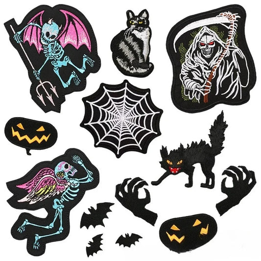 Computer Embroidery Bat Halloween Cloth Sticker Demon Pumpkin Clothes Patch Sticker Spider Web Horror Cat Embroidery Label
