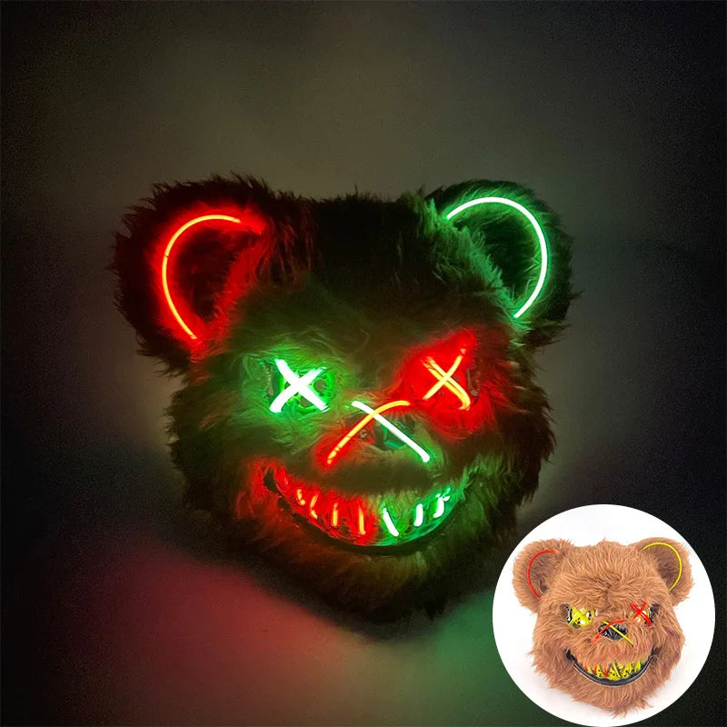LED Cosplay Glowing  Bloody Bear Mask Halloween Horror Plush Rabbit Mask Bloody Bear Mask Decorative Festival Mask Neon Headgear