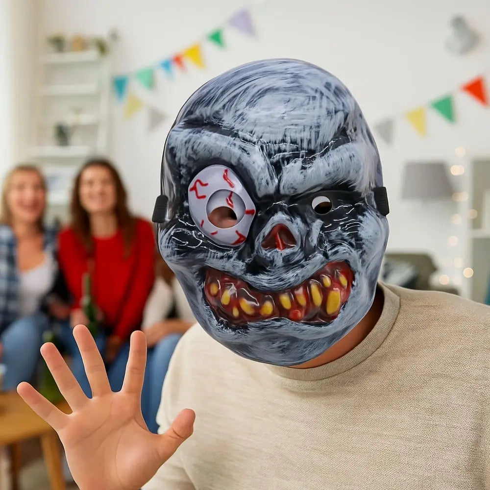 Full Face Halloween Ghost Mask One Eyed PVC Ghost Headwear Breathable Scary Props Scary Ghost Head Cover Halloween Celebration