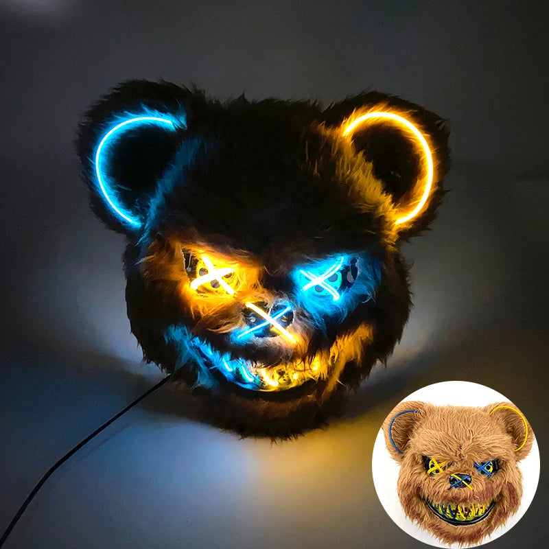LED Cosplay Glowing  Bloody Bear Mask Halloween Horror Plush Rabbit Mask Bloody Bear Mask Decorative Festival Mask Neon Headgear