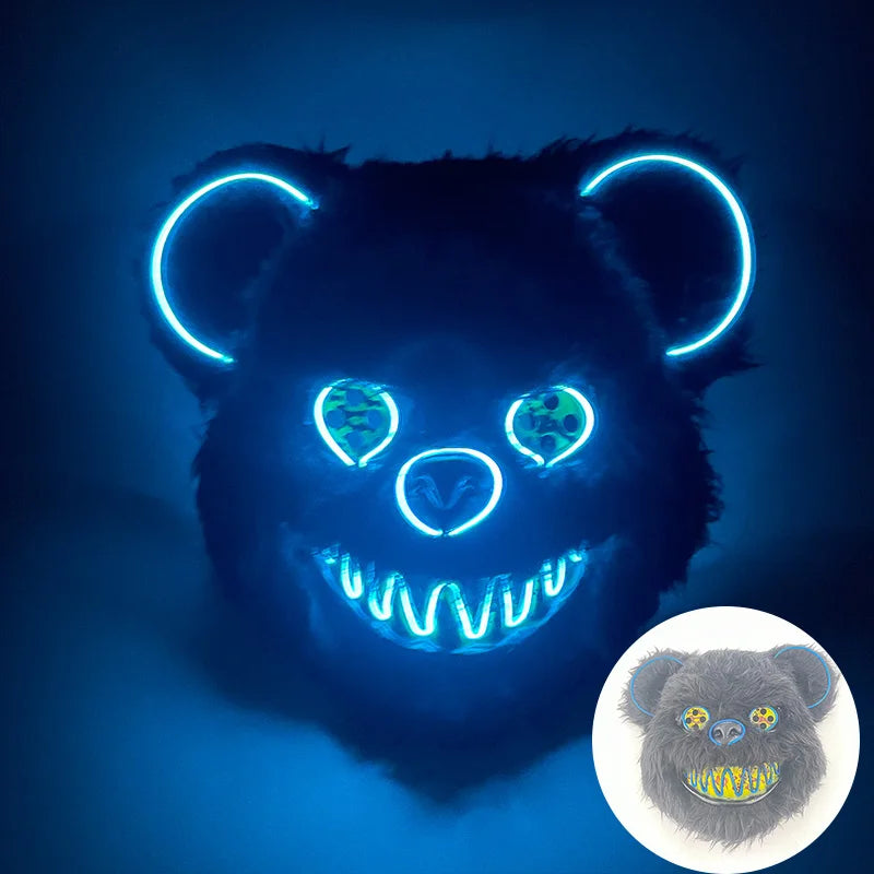 LED Cosplay Glowing  Bloody Bear Mask Halloween Horror Plush Rabbit Mask Bloody Bear Mask Decorative Festival Mask Neon Headgear