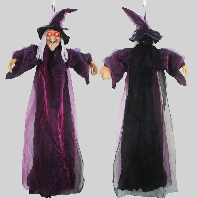 Hanging Talking Witch Skeleton Halloween Decoration – Sound-Activated Prop with Glowing Red Eyes for Haunted House & Outdoor Decor