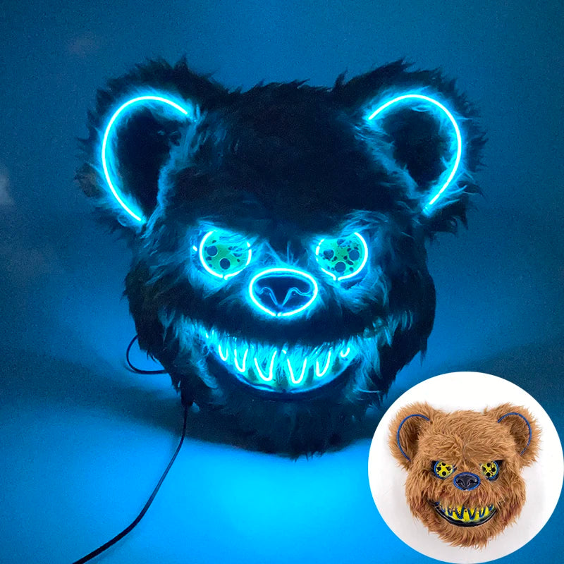 LED Cosplay Glowing  Bloody Bear Mask Halloween Horror Plush Rabbit Mask Bloody Bear Mask Decorative Festival Mask Neon Headgear