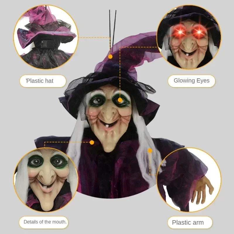 Hanging Talking Witch Skeleton Halloween Decoration – Sound-Activated Prop with Glowing Red Eyes for Haunted House & Outdoor Decor