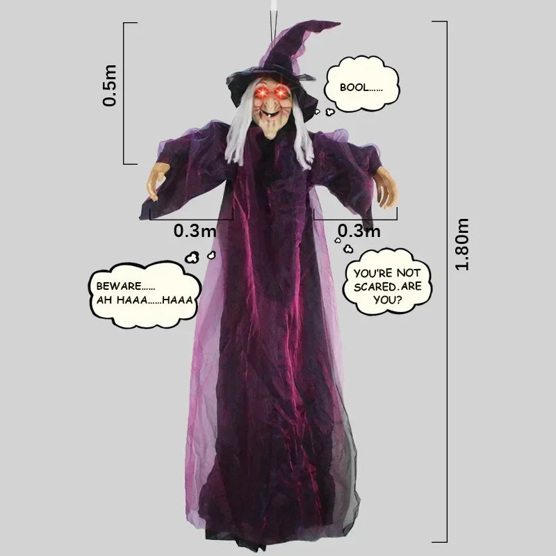 Hanging Talking Witch Skeleton Halloween Decoration – Sound-Activated Prop with Glowing Red Eyes for Haunted House & Outdoor Decor
