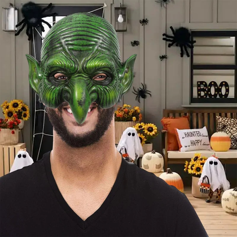 Men's Horror Green Goblin/Halloween Witch Half Face Mask with Pointed Ears and Sharp Teeth - Fashionable and Spooky Costume