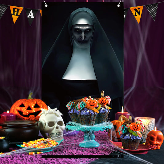 Scary Nun Halloween Door Cover – Horror Ghost Banner for Front Door, Party, Haunted House & Home Decor
