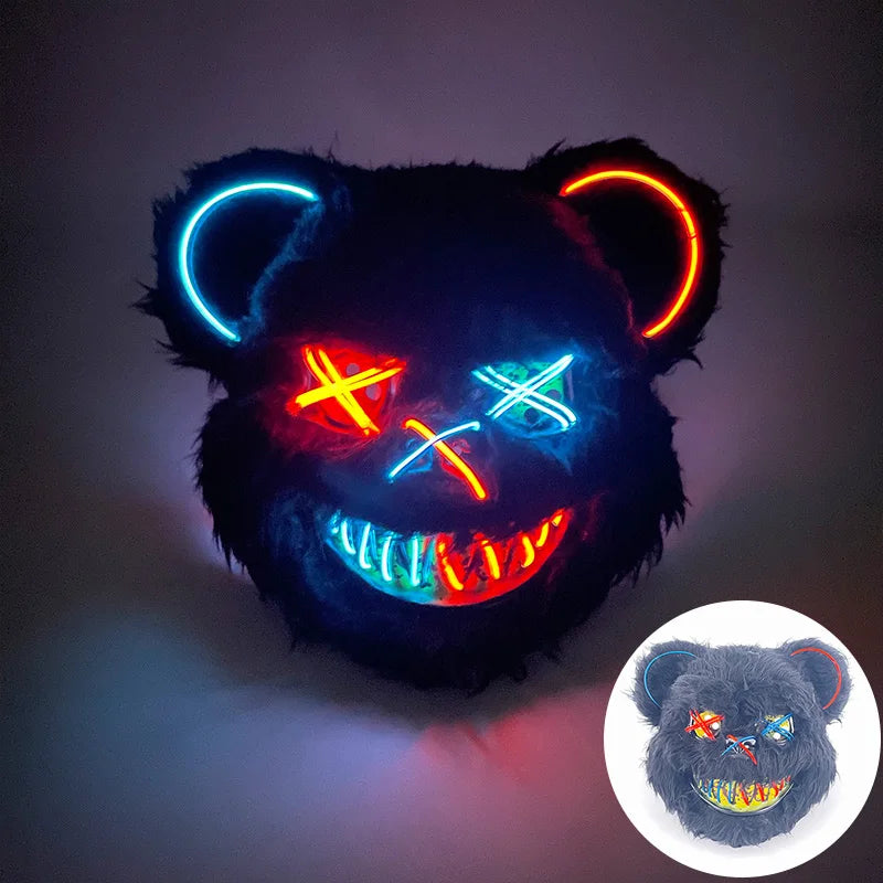 LED Cosplay Glowing  Bloody Bear Mask Halloween Horror Plush Rabbit Mask Bloody Bear Mask Decorative Festival Mask Neon Headgear