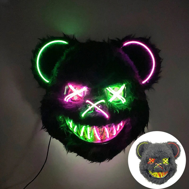 LED Cosplay Glowing  Bloody Bear Mask Halloween Horror Plush Rabbit Mask Bloody Bear Mask Decorative Festival Mask Neon Headgear
