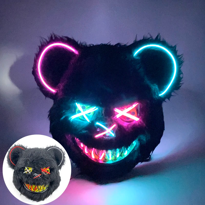 LED Cosplay Glowing  Bloody Bear Mask Halloween Horror Plush Rabbit Mask Bloody Bear Mask Decorative Festival Mask Neon Headgear