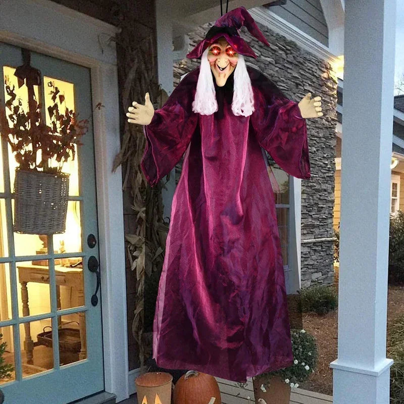 Hanging Talking Witch Skeleton Halloween Decoration – Sound-Activated Prop with Glowing Red Eyes for Haunted House & Outdoor Decor