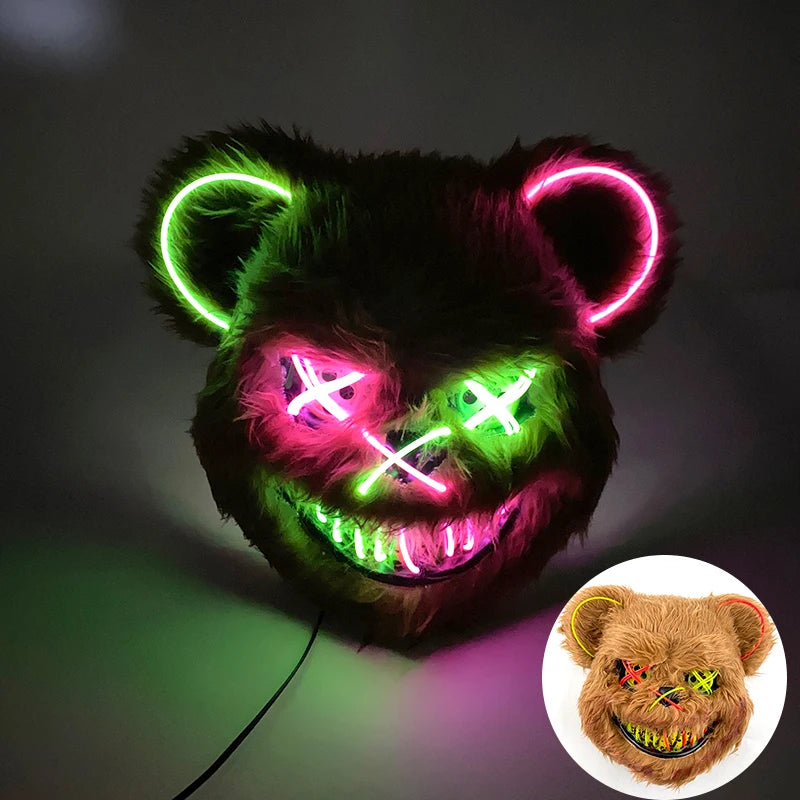 LED Cosplay Glowing  Bloody Bear Mask Halloween Horror Plush Rabbit Mask Bloody Bear Mask Decorative Festival Mask Neon Headgear