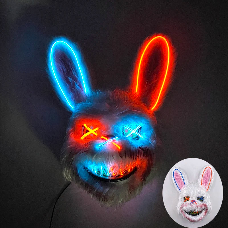 LED Cosplay Glowing  Bloody Bear Mask Halloween Horror Plush Rabbit Mask Bloody Bear Mask Decorative Festival Mask Neon Headgear
