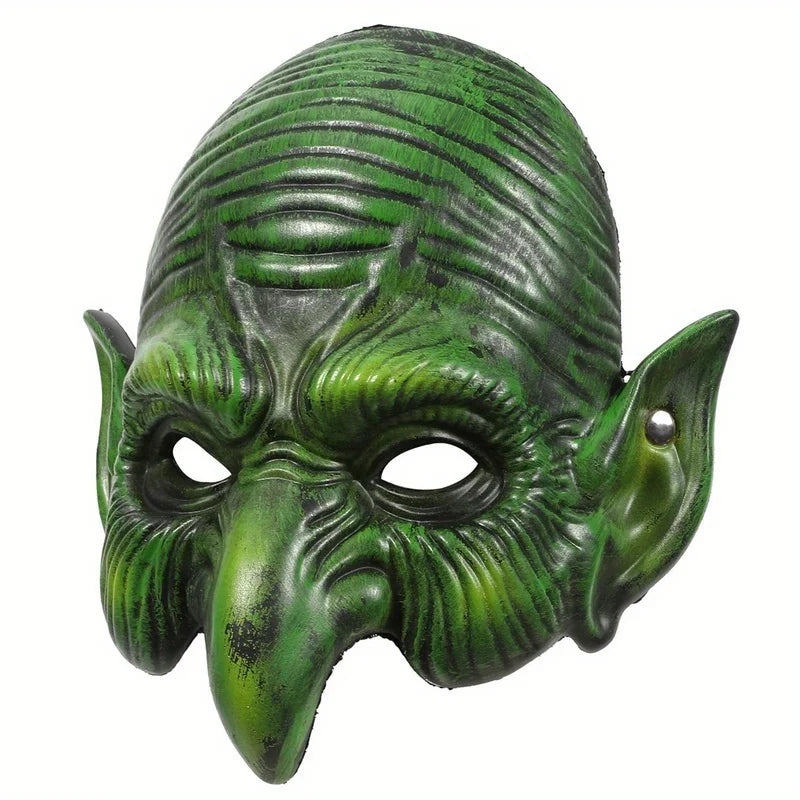 Men's Horror Green Goblin/Halloween Witch Half Face Mask with Pointed Ears and Sharp Teeth - Fashionable and Spooky Costume