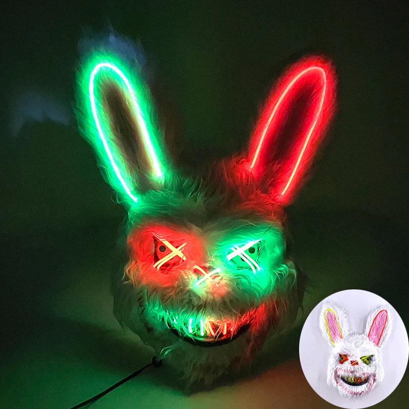 LED Cosplay Glowing  Bloody Bear Mask Halloween Horror Plush Rabbit Mask Bloody Bear Mask Decorative Festival Mask Neon Headgear