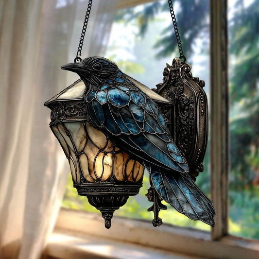 Halloween Crow Decor Decorative Gothic Raven Decor Raven On Lantern Sun Catcher Prismatic Faux Stained Glass Window Hanging