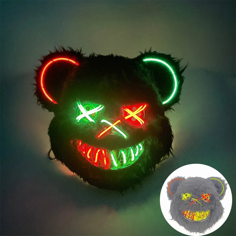 LED Cosplay Glowing  Bloody Bear Mask Halloween Horror Plush Rabbit Mask Bloody Bear Mask Decorative Festival Mask Neon Headgear