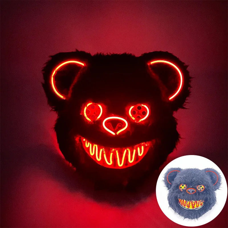 LED Cosplay Glowing  Bloody Bear Mask Halloween Horror Plush Rabbit Mask Bloody Bear Mask Decorative Festival Mask Neon Headgear
