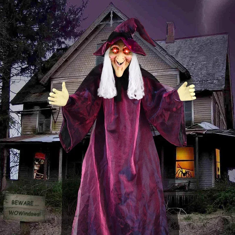 Hanging Talking Witch Skeleton Halloween Decoration – Sound-Activated Prop with Glowing Red Eyes for Haunted House & Outdoor Decor