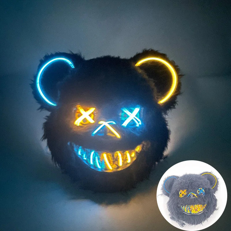 LED Cosplay Glowing  Bloody Bear Mask Halloween Horror Plush Rabbit Mask Bloody Bear Mask Decorative Festival Mask Neon Headgear