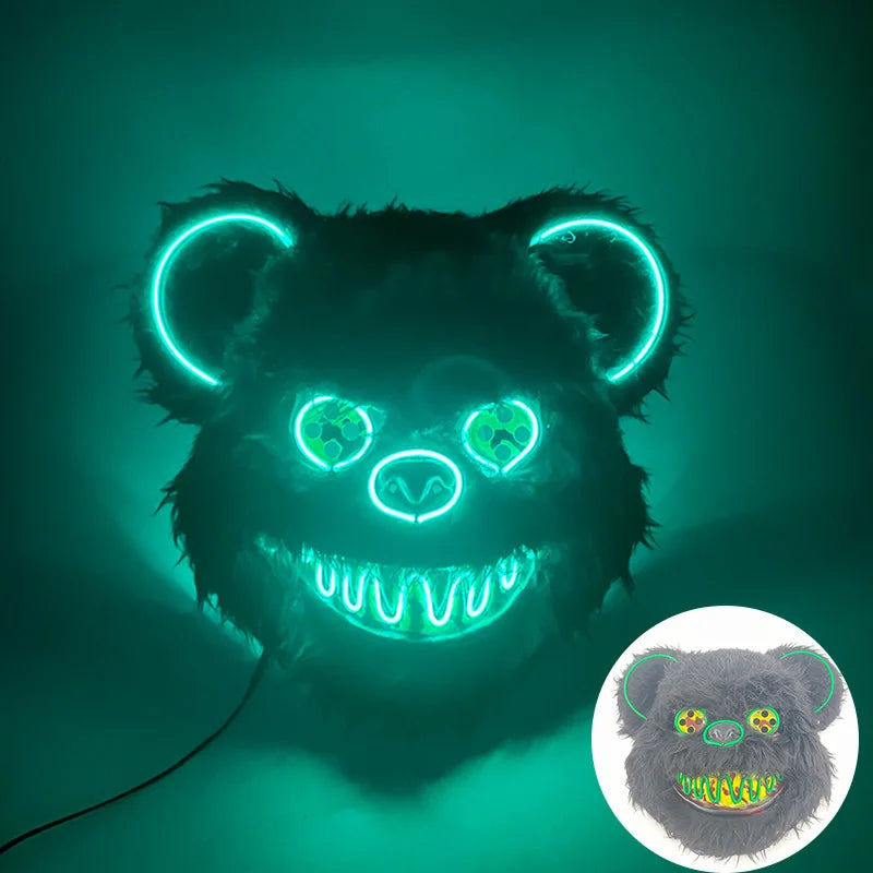 LED Cosplay Glowing  Bloody Bear Mask Halloween Horror Plush Rabbit Mask Bloody Bear Mask Decorative Festival Mask Neon Headgear
