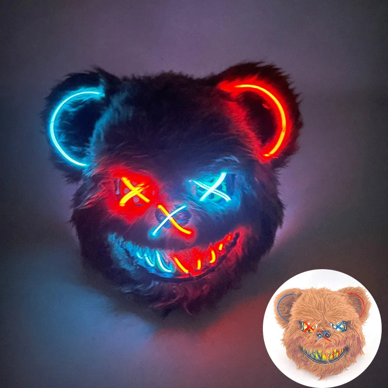 LED Cosplay Glowing  Bloody Bear Mask Halloween Horror Plush Rabbit Mask Bloody Bear Mask Decorative Festival Mask Neon Headgear