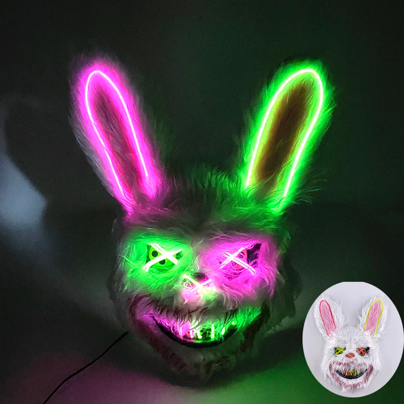 LED Cosplay Glowing  Bloody Bear Mask Halloween Horror Plush Rabbit Mask Bloody Bear Mask Decorative Festival Mask Neon Headgear