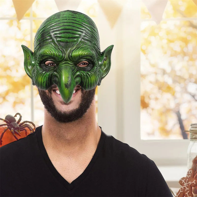 Men's Horror Green Goblin/Halloween Witch Half Face Mask with Pointed Ears and Sharp Teeth - Fashionable and Spooky Costume