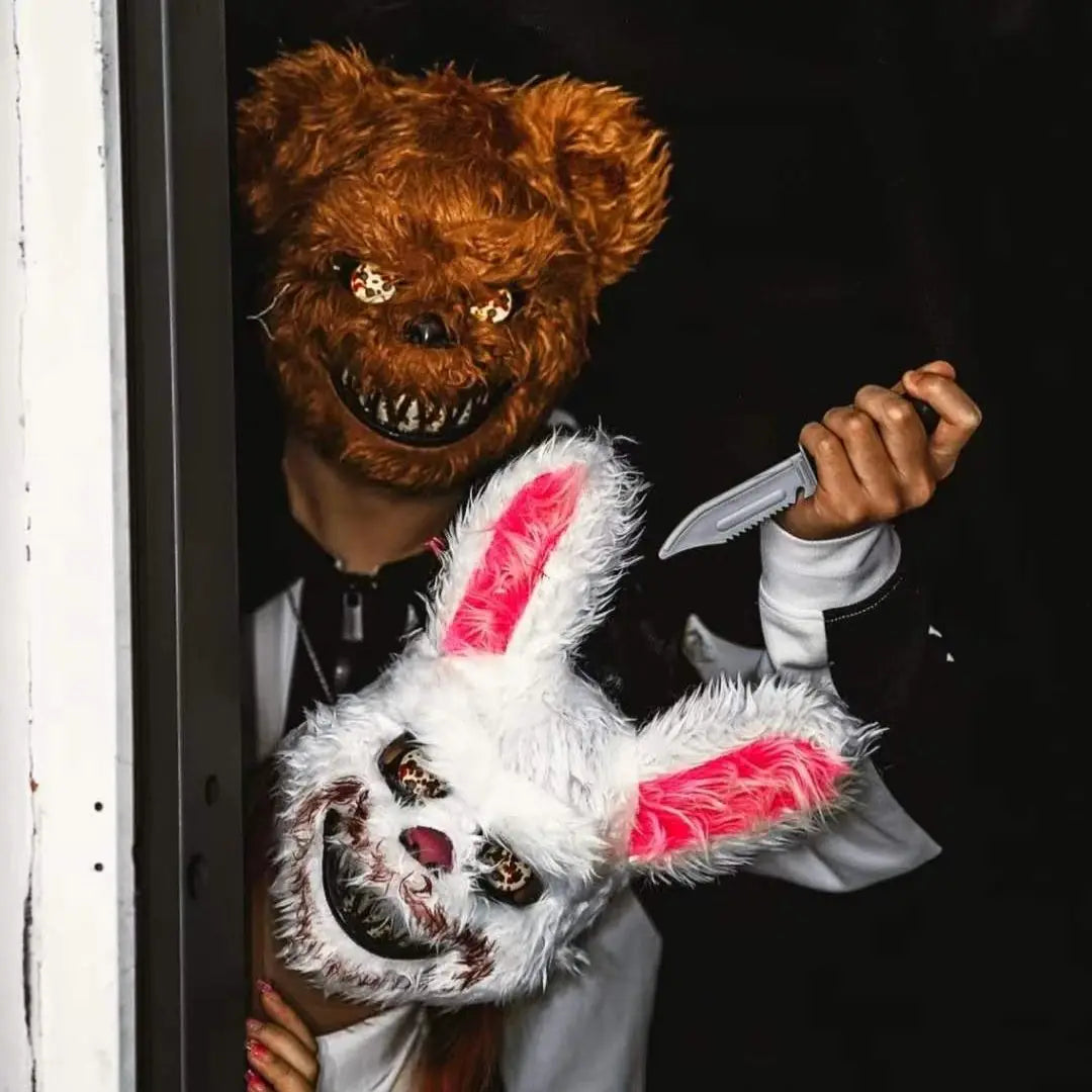 LED Cosplay Glowing  Bloody Bear Mask Halloween Horror Plush Rabbit Mask Bloody Bear Mask Decorative Festival Mask Neon Headgear