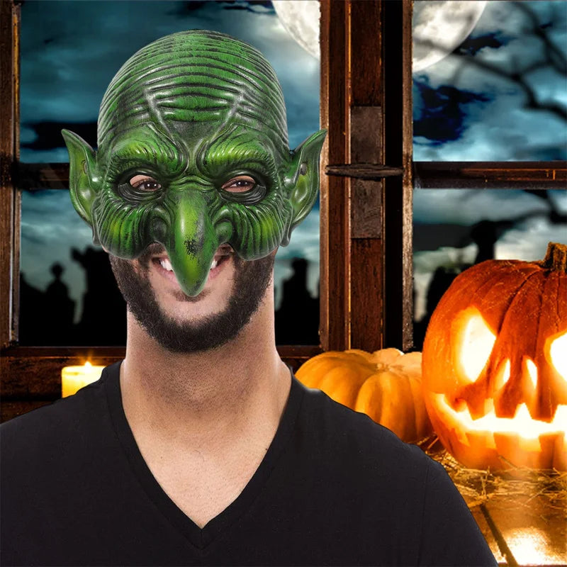 Men's Horror Green Goblin/Halloween Witch Half Face Mask with Pointed Ears and Sharp Teeth - Fashionable and Spooky Costume