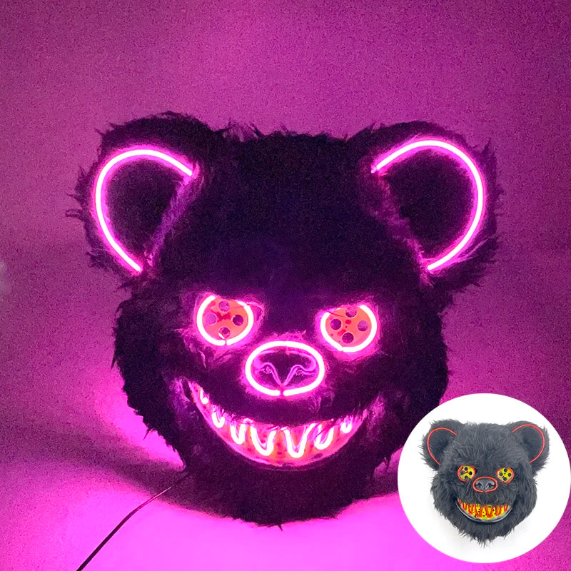 LED Cosplay Glowing  Bloody Bear Mask Halloween Horror Plush Rabbit Mask Bloody Bear Mask Decorative Festival Mask Neon Headgear