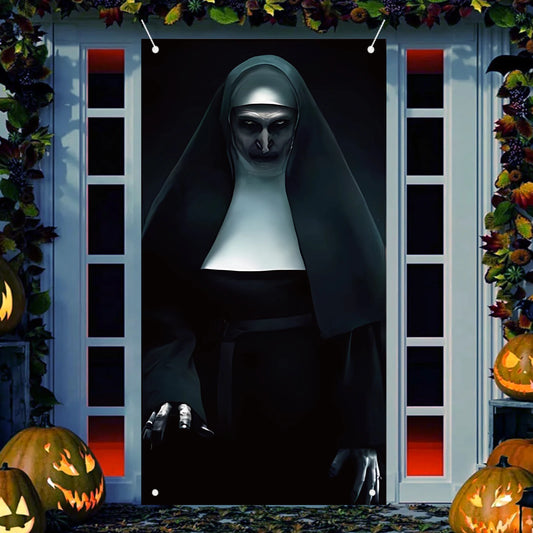 Scary Nun Halloween Door Cover – Horror Ghost Banner for Front Door, Party, Haunted House & Home Decor