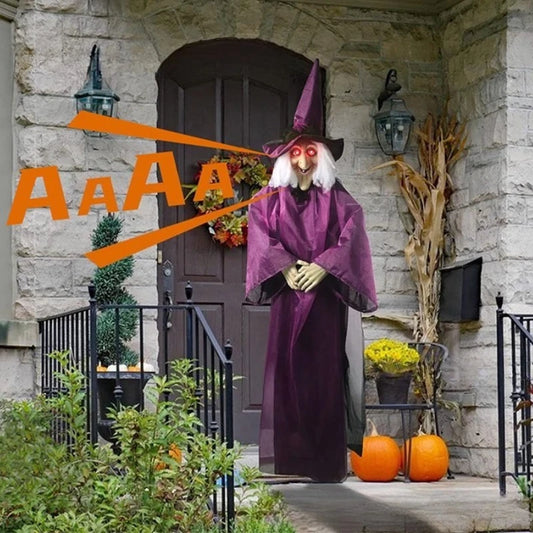 Hanging Talking Witch Skeleton Halloween Decoration – Sound-Activated Prop with Glowing Red Eyes for Haunted House & Outdoor Decor