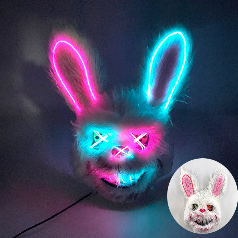 LED Cosplay Glowing  Bloody Bear Mask Halloween Horror Plush Rabbit Mask Bloody Bear Mask Decorative Festival Mask Neon Headgear